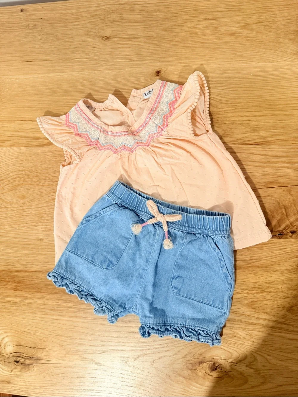 Peach Smocked Flutter Sleeve Top & Light Blue Denim Nicole Miller Shorts Set